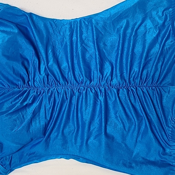 1980s Maxine of Hollywood Turquoise Blue One Piece Ruched Swimsuit Sz 14 - Picture 3 of 13
